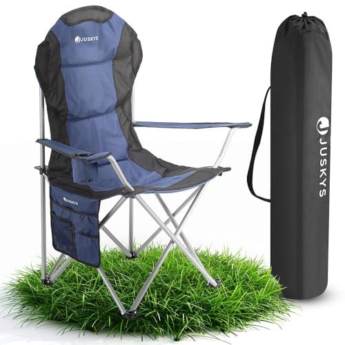 Juskys Campingstuhl Lido faltbar inkl. Getränkehalter, Seitentasche & Tragetasche - Camping Klappstuhl gepolstert mit Armlehne & Rückenlehne - Blau