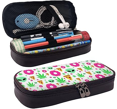 Trousse à crayons amusante avec fermeture éclair pour papeterie compatible avec Alien Donut Pot Leaf Weedleaf Pizza Blanc, grande capacité Oxford Trousse à crayons Trousse de maquillage Boîte à cray