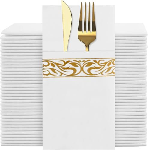 YIDUHAO Disposable Linen Feel Napkins,Decorative Wedding Napkins,Built-in Flatware Pocket,Folded Party Napkin, Soft, Strong, Absorbent, and Pre-Folded, 50 Pack