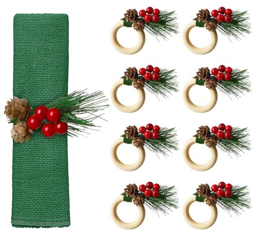 TIESOME Weihnachts Serviettenringhalter, 8 Stück, Weihnachts Tannenzapfen Weihnachtsstern Holz Serviettenhalter Dekor Serviettenringhalter Schnalle Weihnachtsmann Esstische Dekorationen