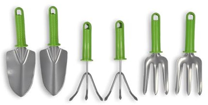 Set di attrezzi da giardinaggio doppi: 2 set con rastrello, pala e zappa | Acciaio inossidabile resistente | Per il giardinaggio e la cura delle piante – Set di attrezzi da giardino