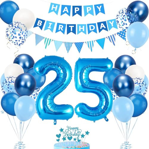 25. Geburtstag Deko Blau, Luftballon 25. Blaue, Geburtstagsdeko 52 Jahr, Junge 25 jahre Luftballon deko Blau, Zahl 25 Helium Luftballons Tortendeko Blau Weiß Ballons für Geburtstag Party Deko