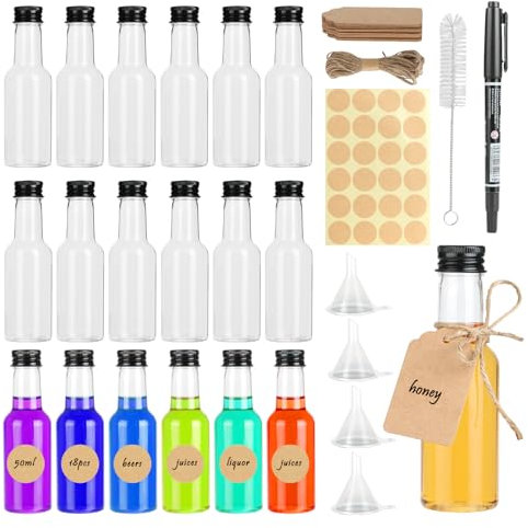 RAFIYU Miniature Alcohol Bottles 50ml 18 Pack Mini Liquor Bottles With Funnel, Labels, Bottle Brush and Stickers, Reusable Plastic Empty Shot Bottles With Lids For Sauce Wine Syrup Oil Ginger Liquids