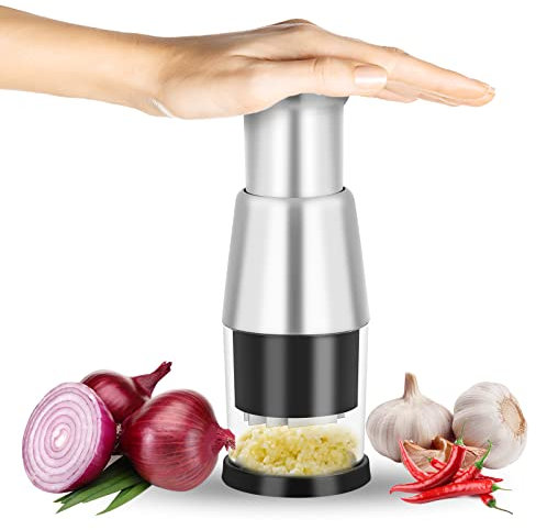 Dokeno Presse Ail Inox, échalote Hacheuse Ail, Coupe-Oignon, Presse-Ail Manuel à Pousser, Hachoir Gingembre, Presse-ail de Cuisine, Ustensile d'Ail pour Ail, Poivrons, Oignons, Noir