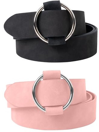 besbomig 2 Stück Damen Ledergürtel Verstellbarer Damengürtel Mode Silber Schnalle Damen Taille Gürtel für Kleid, Jeans, Shorts