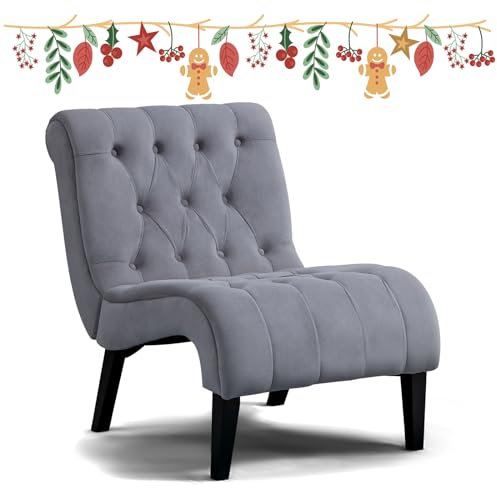 AVAWING Akzent Stuhl, Loungesessel Relaxsessel, Gepolsterte Chaiselongue mit Knopftufting Fernsehsessel mit Holzbeine, Gebürsteter Samt Liegesessel für Schlafzimmer, Wohnzimmer Grau