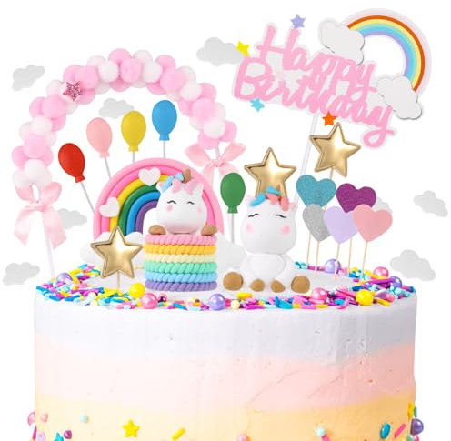 dusaniyali 43 Stück Einhorn Tortendeko Geburtstag,Tortendeko Einhorn Mädchen,Einhorn Kuchen Topper Set,Macaron Kuchen Deko Einhorn Happy-Birthday Wolke Sterne für Kinder Mädchen