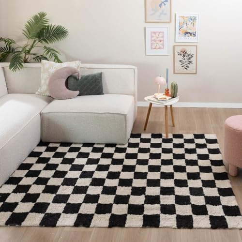 FRAAI | Home & Living Retro Teppich - Gambit Schwarz Weiß - 200x290 cm | Symmetrische, Blöcke - Modern, Retro - Wohnzimmer, Kinderzimmer, Schlafzimmer - Fellteppich