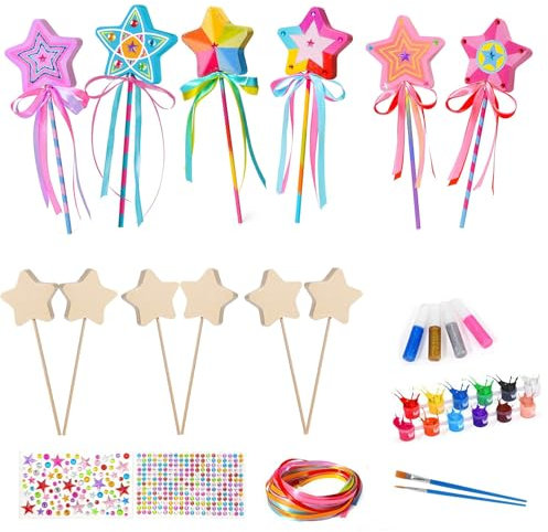 Dimoxii 12 Stück Feenstäbe Prinzessin Zauberstab Zum Bemalen Kinder Holz DIY Handwerk für Mädchen Malen Bastelset Mitgebsel Geschenk Party (Sterne)