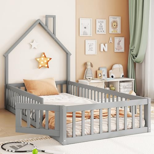 Kinderbett Bodenbett Einzelbett 90x200 cm mit Sicherheitsgitter&Lattenrost&Schornsteinform, Montessori Bett Bed Gitterbett Hausbett Holzbett Bettgestell Jugendbett, Kiefernholz, Ohne Matratze, Grau