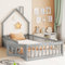 Kinderbett Bodenbett Einzelbett 90x200 cm mit Sicherheitsgitter&Lattenrost&Schornsteinform, Montessori Bett Bed Gitterbett Hausbett Holzbett Bettgestell Jugendbett, Kiefernholz, Ohne Matratze, Grau