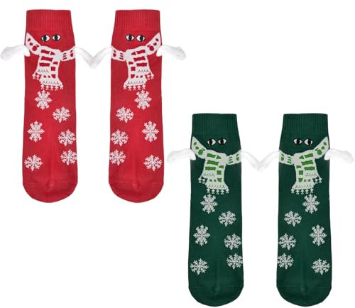 Aragallant Magnetische Socken mit Händen Weihnachten, Hand in Hand Socken Weihnachten, Lustige Weihnachtssocken mit mit Augen, Hand Holding Socks Geschenke für Paare, Familie, Freunde (Rot und Grün)