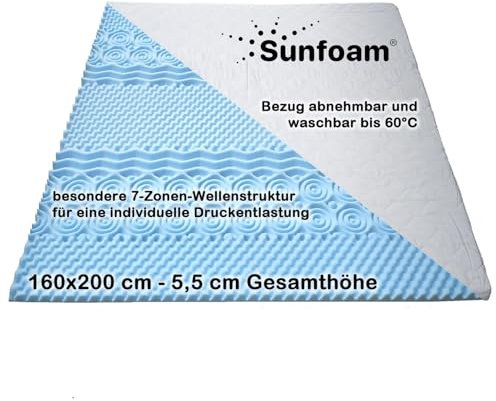 Sunfoam Topper 160x200 cm 7-Zonen-Wellenstruktur | individuelle Druckentlastung | Bezug waschbar bis 60 Grad | Oeko-TEX® 100