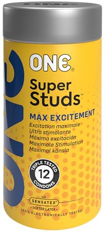 ONE Super Studs Kondome | Mit extra großen, genussintensivierenden Nieten für verbesserte Stimulation, vegan, gentechnikfrei, Naturkautschuklatex, 12 Stück