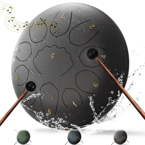 Stahlzungentrommel,Noten Regentrommeln für Außengarten, Regenspiel, Handpfanne mit Musikbuch, Schlägel, Regenspiel, wasserdicht, Handpan-Instrument im Freien (Schwarz, 8 Zoll)