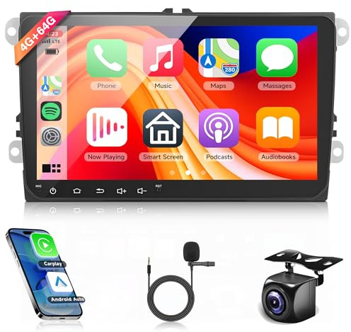 4G+64G sans Fil Carplay Android 13 Autoradio 2 Din pour VW Golf 5 6 Passat Polo Tiguan Touran Skoda Caddy Seat 9 Pouces Autoradio avec Android Auto GPS Navi WiFi Bluetooth FM/RDS/SWC Caméra de Recul