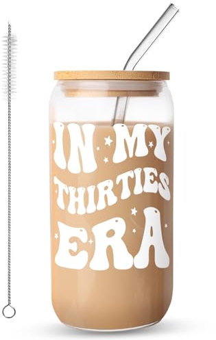 FIDWALL Iced Coffee Cup,Glass Cups with Lids and Straws,30th Birthday Gifts for Women,Perfect for Hot and Cold Drinks,Durable Glass Tumbler for Everyday Use (Thirties)
