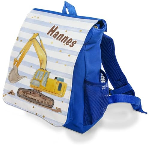 Unikatolo Kindergartenrucksack Bagger mit Name - Personalisierter Kinderrucksack blau - Kitatasche bedruckt - Geschenk zum ersten Geburtstag Junge - Kindergeburtstag Mottoparty Baustelle