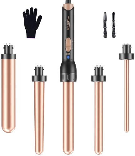 Lockenstab-Set 5 in 1, Keramik-Lockenstab Trommeln für Große und Kleine Locken mit Verschiedenen Aufsätzen 2 Temperaturstufen