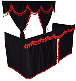 LKW-Vorhänge, komplettes Set, Schwarz/Rot, Quasten, geeignet nur für MAN XXL Fahrerhaus [hohe Kabinen]