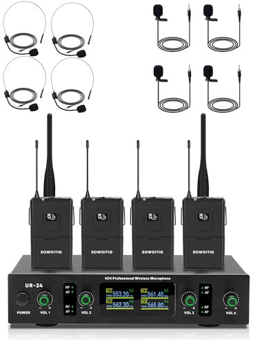 SOWOITIG Kabelloses Lavalier-Mikrofonsystem mit Headset- & Ansteckmikrofon, 4-Kanal UHF Funkmikrofon-Set mit Empfängern, 90 m Reichweite für Gesang, Kirche, Karaoke, Predigt, Hochzeit & Veranstaltung