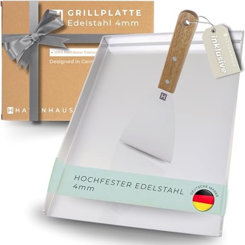 HAVENHAUS Plancha Grillplatte Edelstahl [40x30cm] | Massive Grillplatte 4mm dicke Plancha Grillplatte Gasgrill & Kohlegrill | Edelstahl Plancha 100% verzugsfrei | Edelstahlplatte Grill 4.2kg schwer