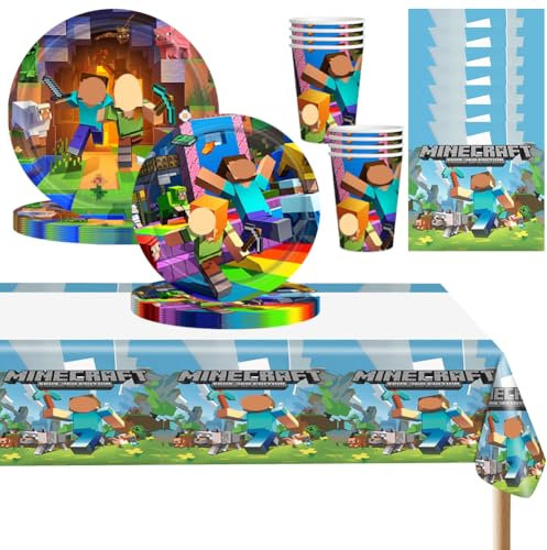 Mine world Party Tableware Set,50Pcs Game Birthday Party Set Theme Decoration,Anime Cartoon Themed Supplies, for Birthday Supplies Kids include Table cloth,Plates,Cups,and Napkins