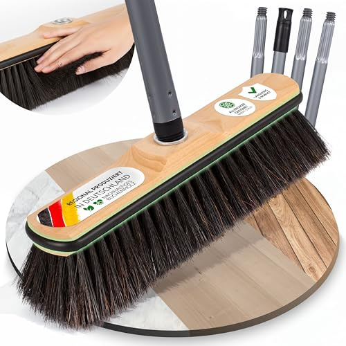 ORGAFLIX Premium Besen mit Stiel, Kehrbesen mit Kantenschutz für Haus und Küche, 28 cm Besenkopf mit Rosshaarmischung, rostfreies 24 mm Gewinde, Zimmerbesen Made in Germany, Besenstiel Made in Italy