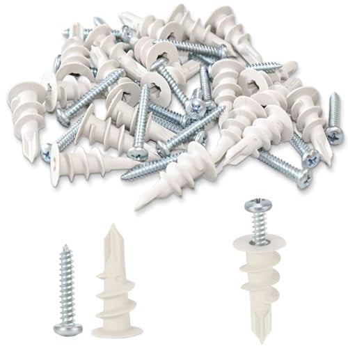 Wavanta 100Pcs Plasterboard Fixings, Self Drilling Drywall Anchors and Screws kit, 50 Plasterboard Wall Plug 50 Drywall Anchor Screws, No Pre Drill Hole Required