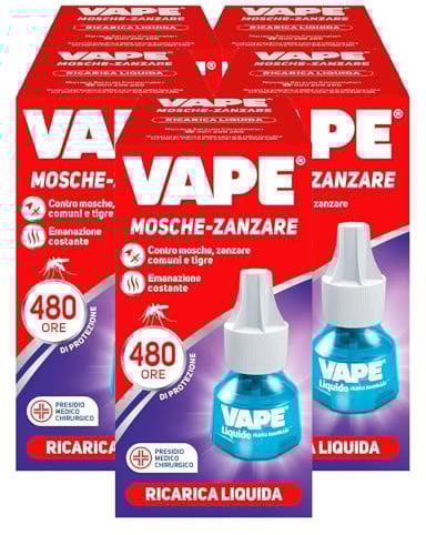 Vape Ricarica Liquida Insetticida Mosche Zanzare Tigre e Comuni 480 Ore di Efficacia per Diffusore Elettrico Presidio Medico Chirurgico - 5 Confezioni