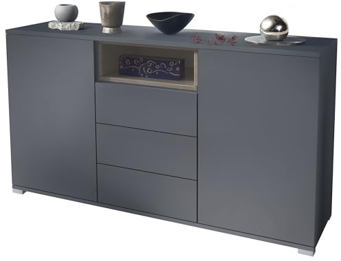 Vladon Skadu V2 Sideboard, Kommode mit 2 Türen, 3 Schubladen und 1 offenem Fach, Anthrazit matt/Eiche sägerau (138,5 x 75,5 x 35 cm)
