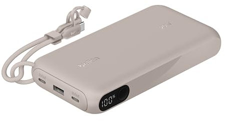 Belkin Batterie Externe USB-C 20 000 mAh, Power Bank avec 2 Ports typr C et 1 Port USB-A (écran numérique, 20 W, pour Tous Les modèles de l'iPhone 16, Samsung Galaxy S25, Pixel 9, iPad, etc., Beige)