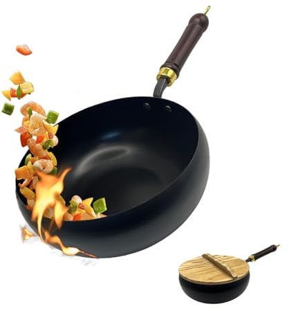 Hand-Forged Cast Iron Wok Pan, Big Belly Pot with Wood Lid, Uncoated Thick Iron Frying Pan for High Heat Cooking, Non Stick Deep Skillet for Stir Fry & Simmering