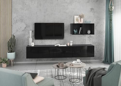 BMG Möbel Wohnwand Set 5 teilig individuell montierbar, 3 Schränke Mir Klappen und Softclose, 2X offenes Regal, wählbar in 8 Farbkombinationen (Weiß - Schwarz Hochglanz)