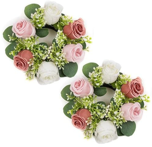 CAKEEYUM 2 Stück Kerzenringe, 7, 6 cm Mitte, künstliche Rosen Kerzenkränze für Hochzeiten, Tischdekorationen, Kerzenringe, Kerzenkränze, 7, 6 cm Mitte, Kerzenkranzringe, Kranz. Can