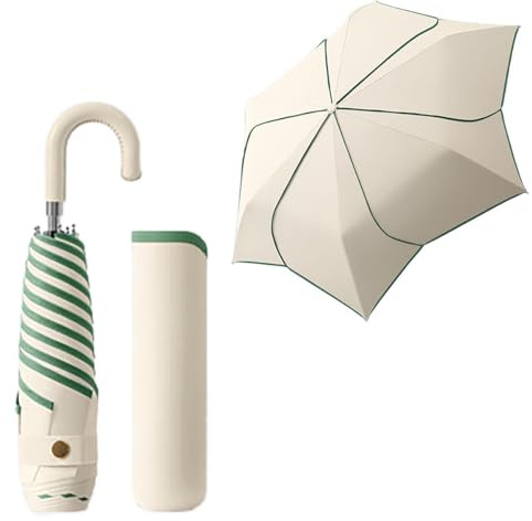 Paraguas Plegable Compacto de Viaje con Forma de Pétalo y Mango Gancho de Cuero PU/6 Varillas/Sombrilla Portátil/Ligero/Protección UV/UPF 50+/Lluvia y Sol/Recubrimiento de Teflón/Mujeres y Niños