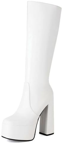 Gueploer Stivali Lunghi per Le Donne, Rotondo Tor Block Heel Platform Stivali Alti al Ginocchio per Partito, Vita Quotidiana, Banchetto,Bianca,39 EU