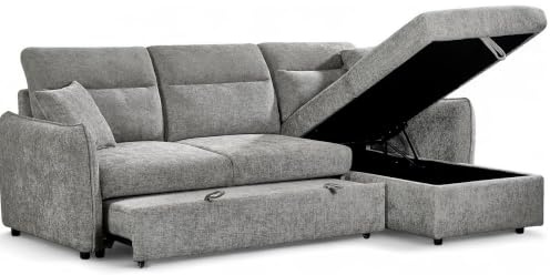 3 Seater Pull Out Sofa Bed with Storage Chaise GREY ARCHIE - Durable Fabric Right Hand Corner Sofa for Living Room - L Shaped Couch - 200 x 140 Sleeping Area, Solid Wood Frame, Accent Cushions
