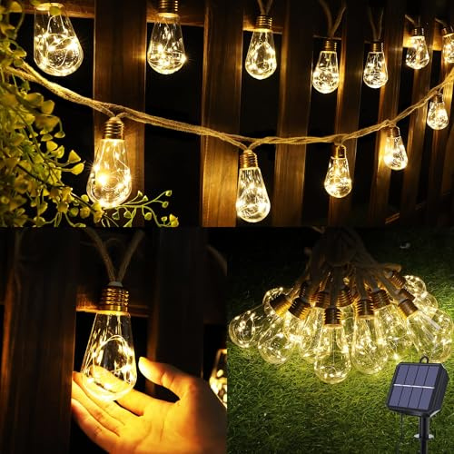 Geemoo Solar Lichterkette Aussen Mit 16 Glühbirnen, 2 Stück 6.4M Solar Lichterkette Außen Wetterfest Warmweiß, Vintage Solarlichterketten mit Hanfseil Outdoor Deko für Garten, Party, Balkon, Hochzeit