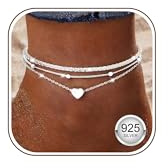 Adramata Fußkettchen für Frauen Silber 925 Verstellbares Fussketten Damen | Layered Fussketten für Frauen, Wasserfest, Stapelbare Herz Seestern Fußkette, Sommer Schmuck Geschenk, Silber Gold