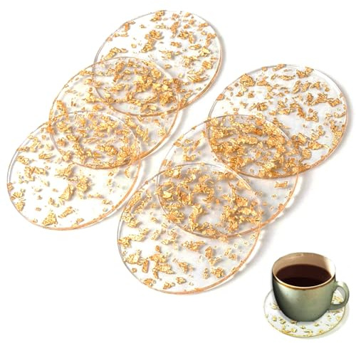 Gold Coasters Set of 6, 9cm Round Transparent Acrylic Coasters with Gold Foil, Heat Resistant Non Slip Drink Coasters for Coffee, Tea, Beer, Wine, Home Bar Decor