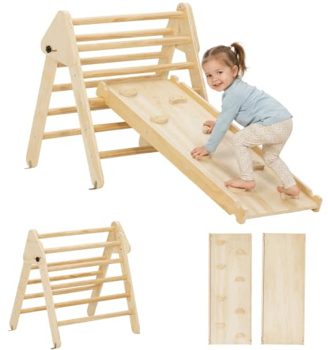 AIYAPLAY 2-in-1 Montessori Klettergerüst aus Naturholz mit Rutsche | Indoor Kletterdreieck, Indoor Spielplatz, für Kleinkinder und Kinder 1,5-4 Jahre