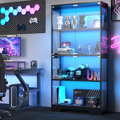 knoworld Display Cabinet with Glass Doors, 63 Tall Curio Cabinet with Human Sensor RGB LED Lights, 4-Tier Glass Display Case with 15mm Thick Shelves for Action Figures, Collectibles, Books - Black