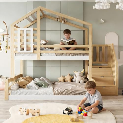 Su & Chan Legence Hochbett 90 x 200 und 140 x 200 cm, Kinderbett Etagenbett mit Treppe und Stauraum, Hausbett mit Fenster und Geländer für 2 Kinder, Natur