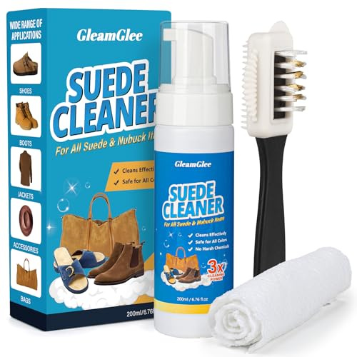 GleamGlee Suede Cleaning Kit 200ml – Effectively Removes Dirt, Stains & Water Marks – Includes Suede Brush & Microfiber Towel for Shoes, Boots & Bags