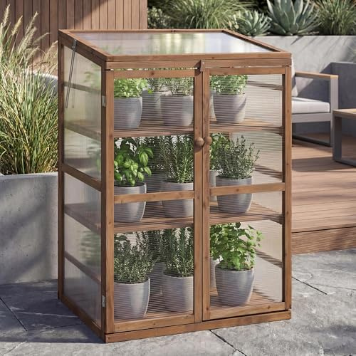 Mendler Gewächshaus HWC-Q13, Treibhaus Anzuchthaus Frühbeet Fenster verstellbar Holz FSC®-Zertifiziert 110x76x57cm - Dunkelbraun