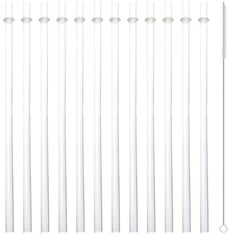 12 Pcs Extra Long Plastic Drinking Straws with Brush Clear | Food safe BPA-free, Flexible crack resistant, Fits mason jars tumblers, Cleaning brush included, Dishwasher safe easy clean