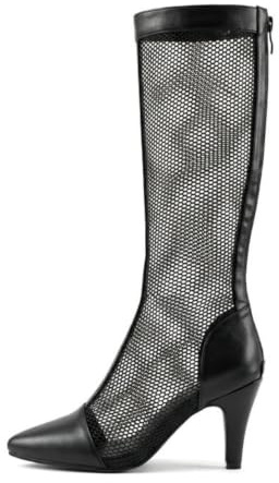 Generico Stivali al Ginocchio in Rete Donna Punta Stretta Tacco Basso Spillo Tomaia Traforata Traspirante Similpelle Cerniera Posteriore Scarpe Estate