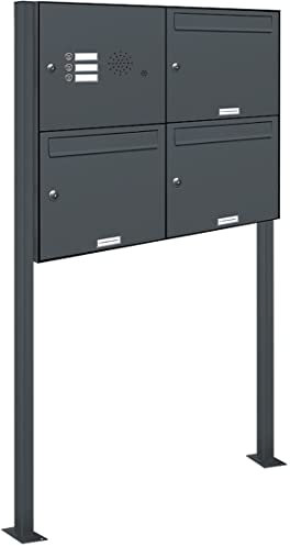 AL Briefkastensysteme 3er Standbriefkasten Anthrazitgrau RAL 7016 mit Klingel als 3 Fach Briefkastenanlage in Postkasten Briefkasten Design modern