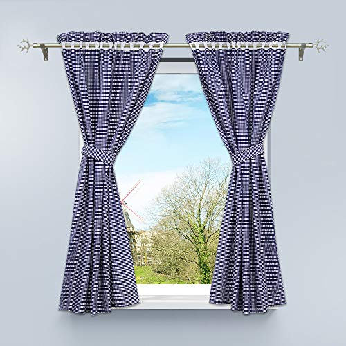HongYa 4-TLG. Set Karo-Muster Vorhangschals Küche Gardinen Vorhänge mit Raffhalter H/B 145/80 cm Blau